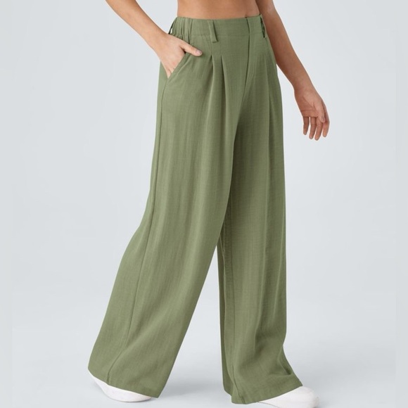 Linen-feel High-waisted Wide-leg Flowy Casual Pants with Pockets - Picture 3 of 4